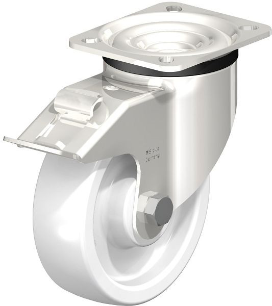 Blickle LKX-SPO 125G-1-FI Edelstahl-Schwerlast-Lenkrolle mit Anschraubplatte & Feststeller, Polyamid, Weiß, 754910
