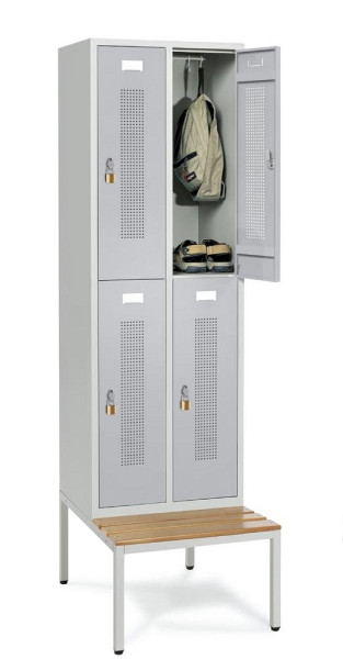 Deskin Doppelstöckiger Spind mit Sitzbank, Alusilber RAL 9006, 590 x 800 x 2050 mm, 4 Abteile, Korpus: Lichtgrau RAL 7035, 331486