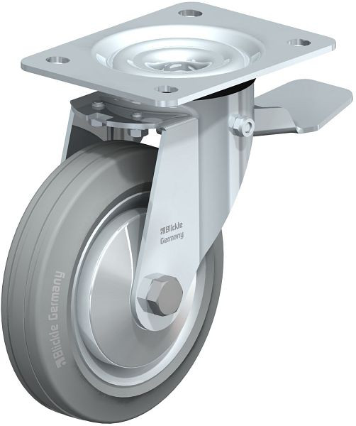 Blickle LE-VE 150R-ST-SG-FA Stahlblech-Lenkrolle mit Anschraubplatte & Feststeller, Vollgummi, Grau, 749710
