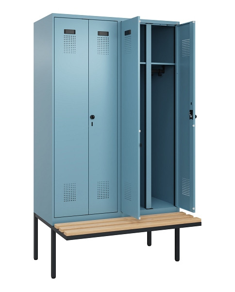 C+P Schwarz-Weiß-Spind Evolo PLUS, Bank, 4 Abteile, 2120x1200x815mm, 0010/0010, Drehriegel, Sitzfläche Holz, 0490427-40 S10021