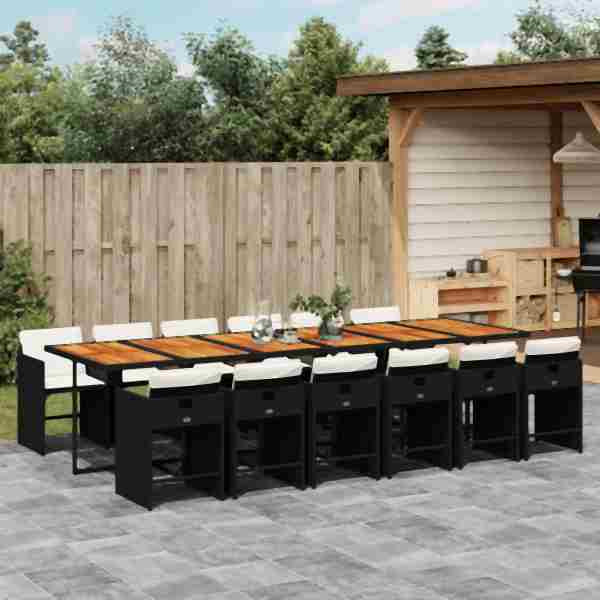 vidaXL 13-tlg. Garten-Essgruppe mit Kissen Schwarz Poly Rattan, UV-beständig, 3211131