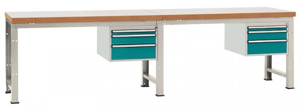 Manuflex Komplett-Werkbank Grund- und Anbau PROFI Standard mit Buche massiv-Platte, BxTxH = 2000 x 700 x 840 mm, Wasserblau, WP5762.5021
