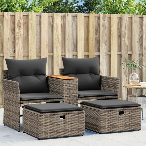 vidaXL Gartensofa 2-Sitzer mit Hockern Grau Poly Rattan, 365804