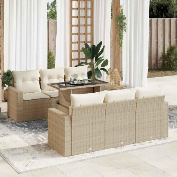 vidaXL 7-tlg. Garten-Sofagarnitur mit Kissen Beige Poly Rattan, 3326259