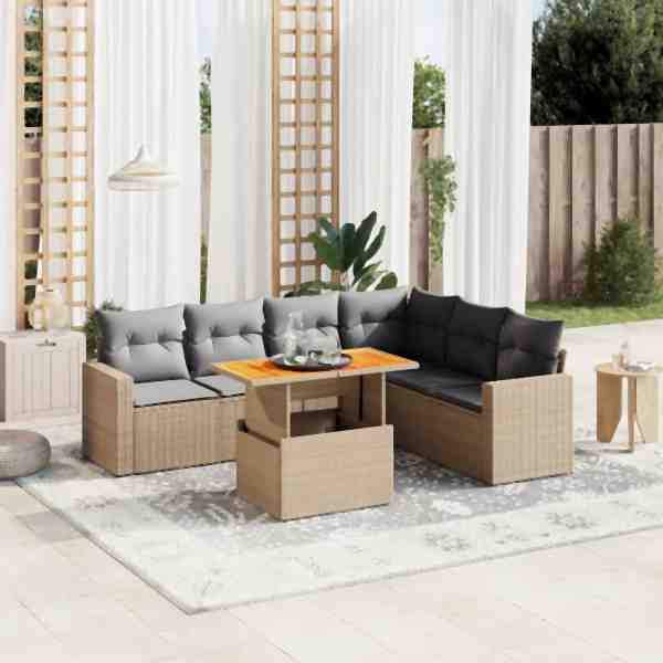 vidaXL 7-tlg. Garten-Sofagarnitur mit Kissen Beige Poly Rattan, UV-beständig, 3271332