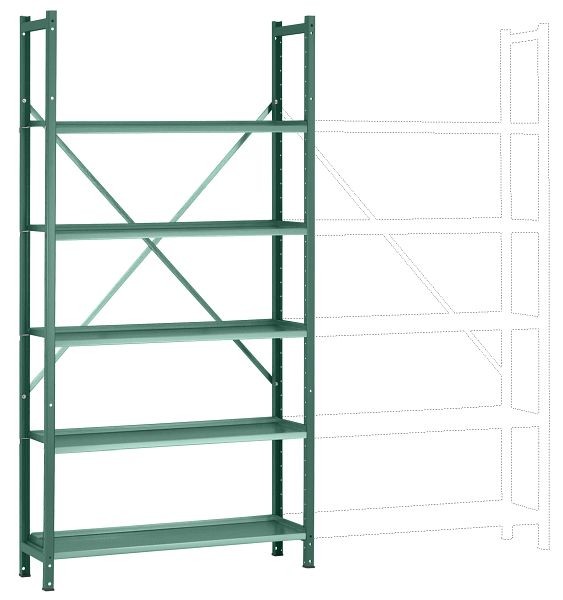 Manuflex Büro-Steck-Grundregal mit 5 pulverbeschichteten Stahlböden, HxBxT = 1900 x 960 x 300 mm, graugrün, RA3151.0001