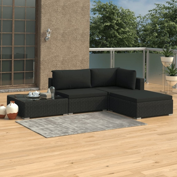 vidaXL 4-tlg. Garten-Lounge-Set mit Auflagen Poly Rattan Schwarz, 46780