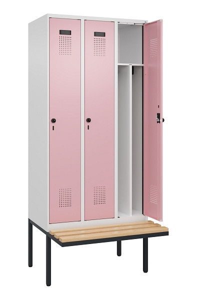 C+P Spind Evolo PLUS, 3 Abteile, 2120x900x815mm, 9016/3015, Haken 4, Drehriegel, Sitzfläche Holz, 0490407-30F S10018