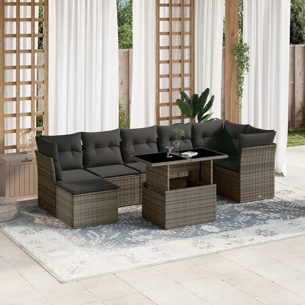 vidaXL 8-teilig Garten-Sofagarnitur mit Kissen Grau Poly Rattan, 3266750