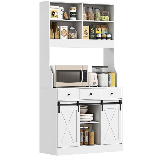HOMCOM Küchenschrank mit Regalen, Schränken, Schubladen und Ablagefläche, Bauernhaus-Flair, verstellbare Regale, Holz, Weiß, 83A-256V90WT