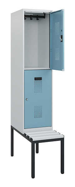 C+P Doppelstöckiger Spind Evolo PLUS, Bank, 2 Fächer, 1950x400x815mm, 7035/0010, Zylinderschloss, Sitzfläche Kunststoff, Sitzbank, 0493505-12 S10144