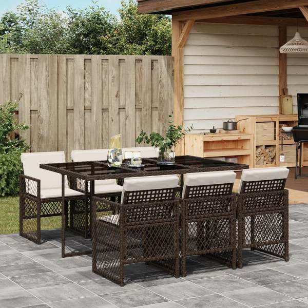 vidaXL 7-tlg. Garten-Essgruppe mit Kissen Braun Poly Rattan, UV-beständig, 3210729