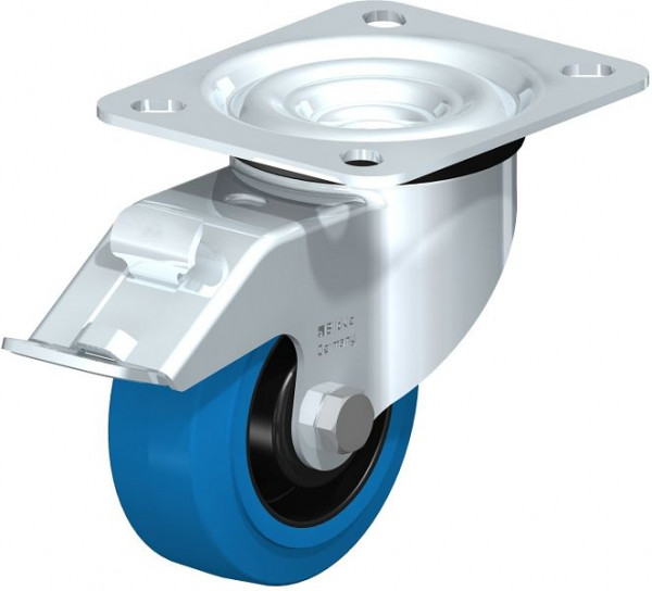 Blickle LE-POEV 80XR-FI-SB Stahlblech-Lenkrolle mit Anschraubplatte & Feststeller, Elastik-Vollgummi, Blau, 850066