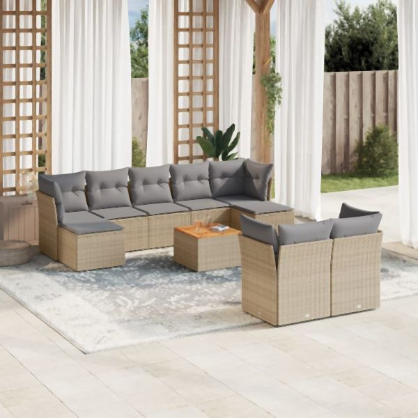 vidaXL 10-tlg. Garten-Sofagarnitur mit Kissen Beige Poly Rattan, 3256206