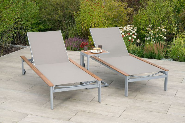 Merxx Naxos Liegen Set 3-teilig, 2 Naxos Liege, 1 Cee Beistelltisch, Alumiuniumgestell mit Textilbespannung und FSC Akazienholz, 50647-309