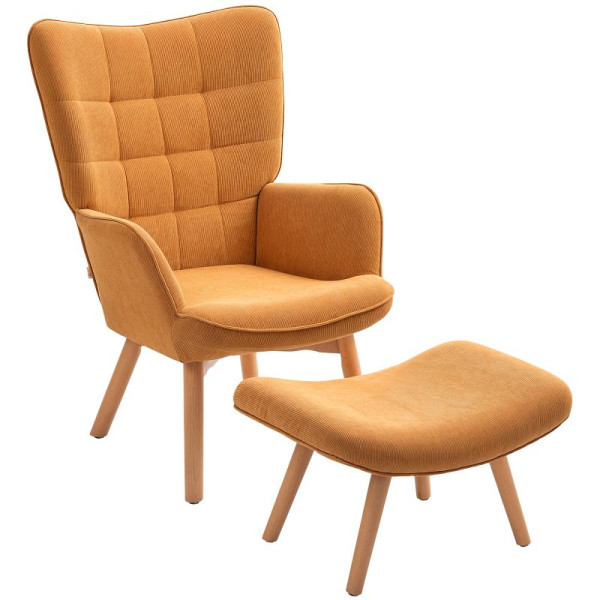 HOMCOM Akzentsessel mit Hocker, Relaxsessel in Cord-Optik, Armlehnstuhl mit Holzbeinen, für Wohnzimmer, Braun, 839-455V00BN
