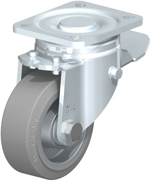 Blickle LH-ALEV 100K-1-ST-SG Stahlblech-Lenkrolle, Schwerlast-Ausführung, mit Anschraubplatte & Feststeller, Elastik-Vollgummi, Grau, 644559