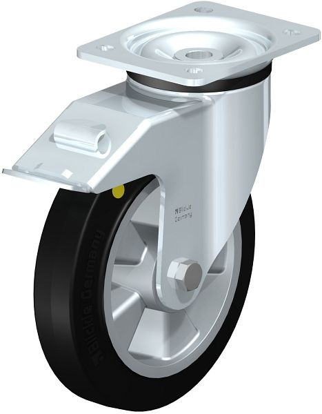 Blickle LK-ALEV 200K-FI-EL Stahlblech-Lenkrolle, schwere Ausführung, mit Anschraubplatte & Feststeller, Elastik-Vollgummi, Schwarz, 845267