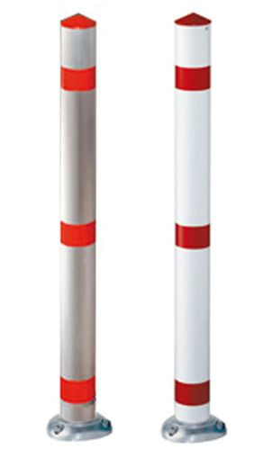 Absperrpfosten "Acero" Ø76mm aus Aluminium, zum Aufdübeln, (Bodenplatte Ø140mm), Sollbruchstelle, rot/weiss, 13451-rw