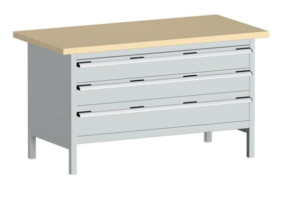 bott cubio Kastenwerkbank mit 3 Schubladen Multiplex-Arbeitsplatte BxTxH: 1500 x 750 x 840 mm, RAL 7035, 41002169.16V