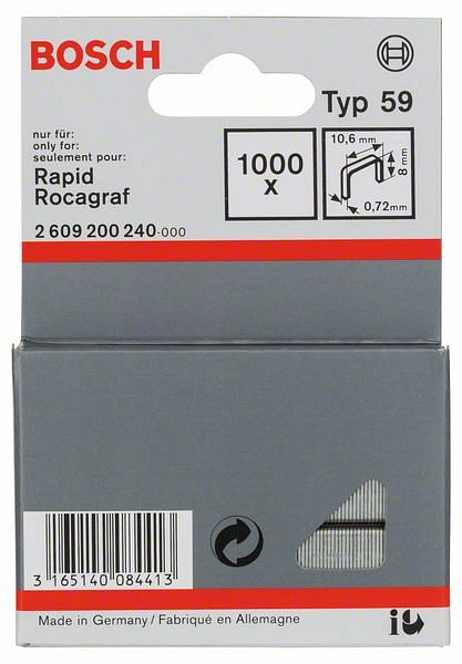 Bosch Feindrahtklammer Typ 59, 10,6 x 0,72 x 8 mm, 1000er-Pack, 2609200240