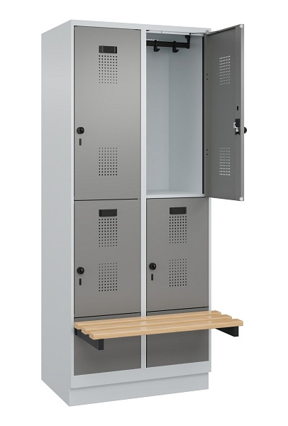 C+P Doppelstock-Spind Evolo PLUS, Bank, 4 Fächer, 1950x800x815mm, 7035/0004, Drehriegel, Sitzfläche Buche-Hartholz, mit Sockel, 049340-22 S10014