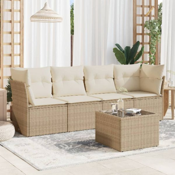 vidaXL 5-tlg. Garten-Sofagarnitur mit Kissen Beige Poly Rattan, 3217238