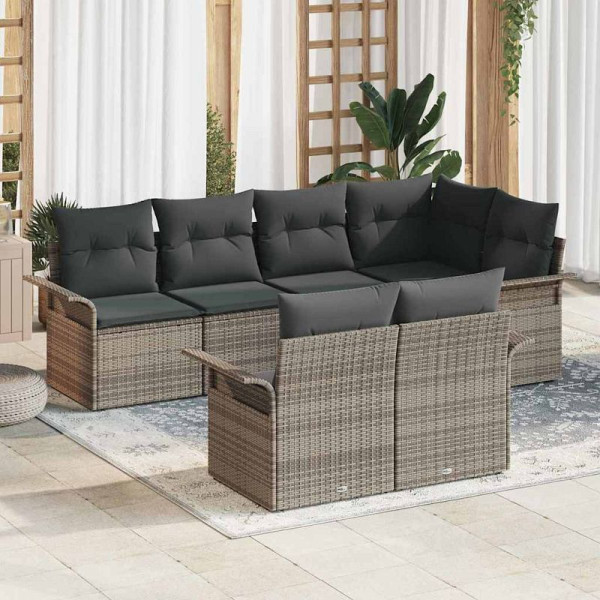 vidaXL Garten-Sofa-Set mit Kissen mit Speicher, 7er Set, Grau Poly Rattan, 3354068