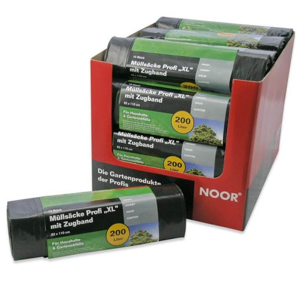NOOR Müllsäcke Profi XL 200l 10er Rolle (82 x 110cm) mit Zugband schwarz LDPE 50my, 0602-XL