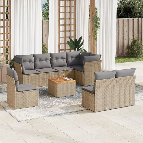 vidaXL 9-teilig Garten-Sofagarnitur mit Kissen Beige Poly Rattan, 3223686