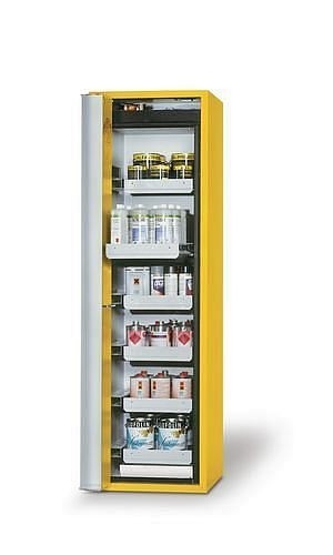 asecos Gefahrstoffschrank GF-601.6, 600 mm, 6 Auszugswannen, Falttür rechts, gelb, 3023400230269
