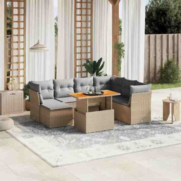 vidaXL 8-tlg. Garten-Sofagarnitur mit Kissen Beige Poly Rattan, UV-beständig, 3270954