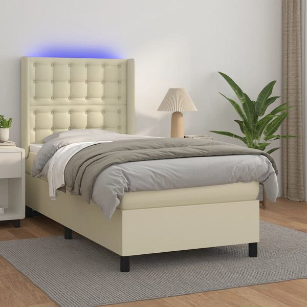 vidaXL Boxspringbett mit Matratze & LED Creme 100x200 cm Kunstleder, 3139369, 8720287359784