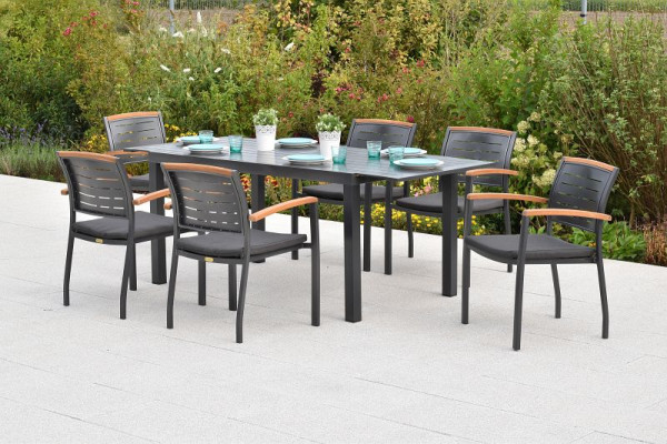 Merxx Tinos Set 13-teilig, 6 Tinos Stapelsessel, 6 Kissen, grau, 1 Ausziehtisch, 150 (200) x 90 cm, Tischplatte aus Aluminium, 50986-800
