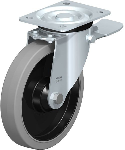 Blickle L-POEV 201KD-ST-SG Stahlblech-Lenkrolle, mittelschwere Ausführung, mit Anschraubplatte & Feststeller, Elastik-Vollgummi, Grau, 850711