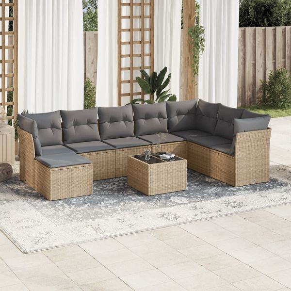 vidaXL 9-tlg. Garten-Sofagarnitur mit Kissen Beige Poly Rattan, 3218059