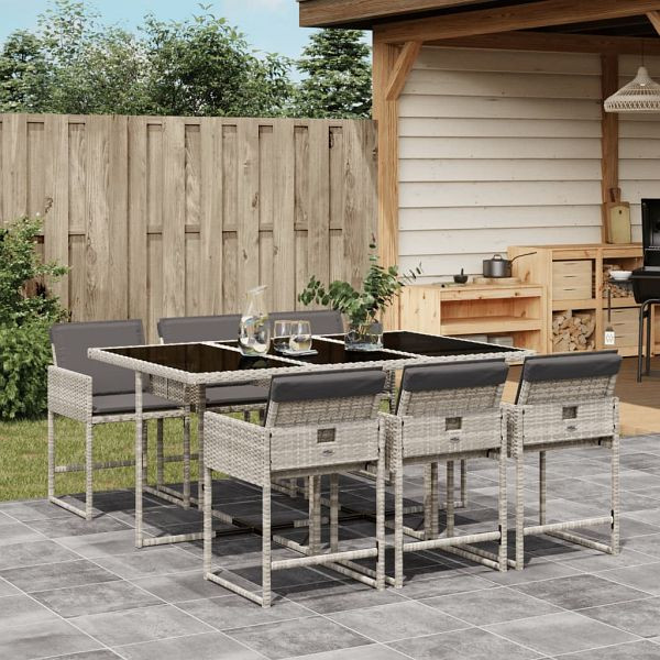 vidaXL 7-tlg. Garten-Essgruppe mit Kissen Hellgrau Poly Rattan, 3211271