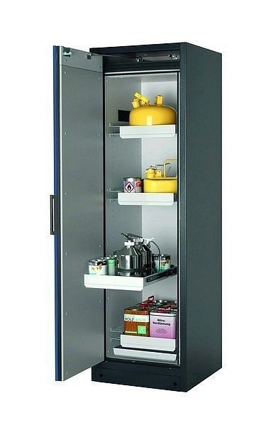 asecos Sicherheitsschrank Q-CLASSIC-90, Q90.195.060 in enzianblau RAL 5010 mit 4x Auszugswanne Standard (Stahlblech), 30072-047-30088