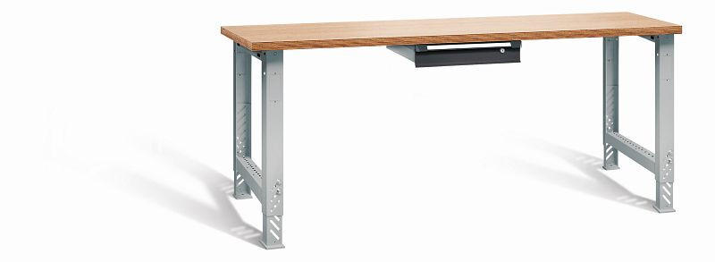 Otto Kind Werkbank function Typ 2004S, überstehende Multiplex-Arbeitsplatte, 2 höhenverstellbare Fußgestelle, Gehäuse RAL 9006, Front RAL 9005, 07218203N