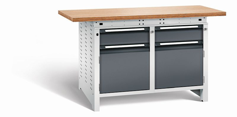 Otto Kind Werkbank Serie function Typ 214, Multiplexplatte 40 mm, überstehend, 2x Unterbau + Zentralverschluss, Gehäuse RAL 7035, Front RAL 7016, 072344249