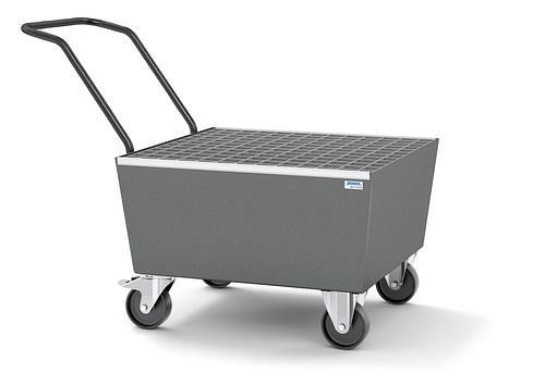 DENIOS Fahrbare Auffangwanne pro-line für 1 Fass à 200 l, grau lackiert, Gitterrost, elektrisch leitfähig, 259359
