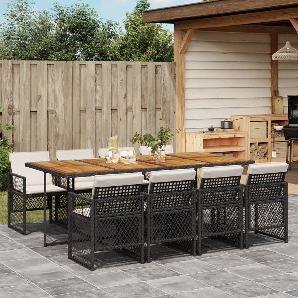 vidaXL 9-tlg. Garten-Essgruppe mit Kissen Schwarz Poly Rattan, 3210747