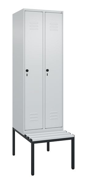 C+P Umkleidespind Classic PLUS mit Mitteltrennwand, Bank, 2 Abteile, 2120x600x815mm, 7035/7035, Drehriegel, 0800507-20F S10039
