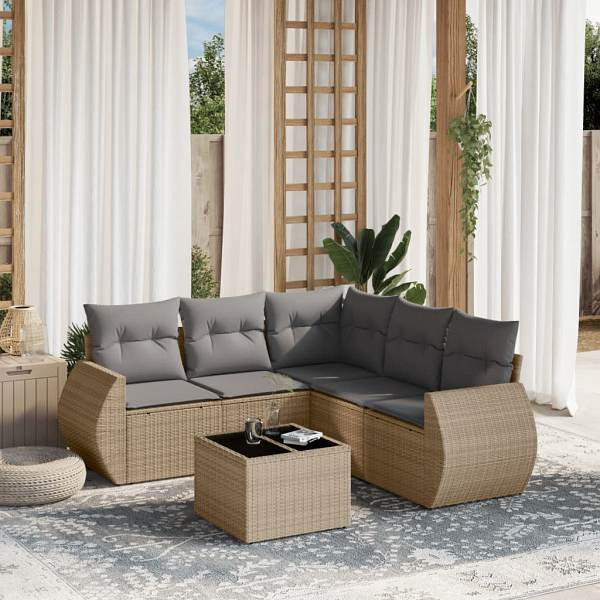 vidaXL 6-tlg. Garten-Sofagarnitur mit Kissen Beige Poly Rattan, UV-beständig, 3221358