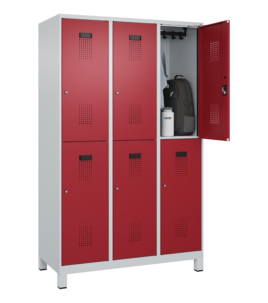 C+P Doppelstöckiger Spind Evolo PLUS, mit Füßen, 6 Fächer, 1950x1200x500mm, 703, Frontfarbe RAL 3003 Rubinrot, Zylinderschloss, 049310-32 S10031