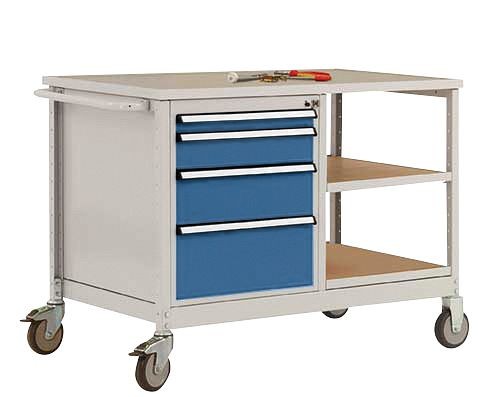 Manuflex Mobile Werkbank Modell 1 mit geölter Multiplex-Abdeckplatte 30 mm BxTxH 1135 x 590 x 810 mm, brillantblau, MW2001.5007
