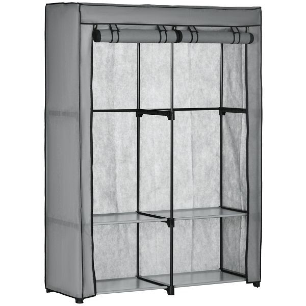 HOMCOM Schrank aus Stoff, Aufbewahrungslösung, 4 Regale, 2 Kleiderstangen, Grau, 850-209V00LG