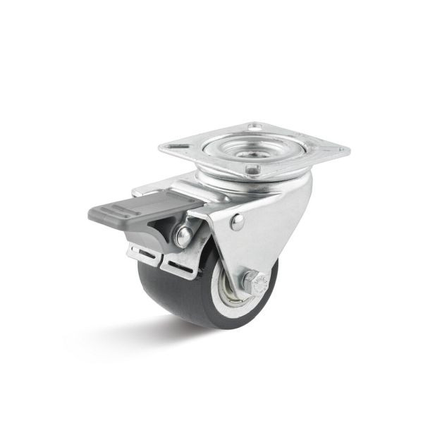 Torwegge Polyurethan Bühnenrolle mit Doppelstopp, Tragfähigkeit 100 kg, Rad-Ø 50 mm, Radbreite 40 mm, Ausladung 26,5 mm, 0049161