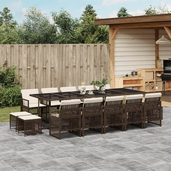 vidaXL 15-tlg. Garten-Essgruppe mit Kissen Braun Poly Rattan, UV-beständig, 3210813