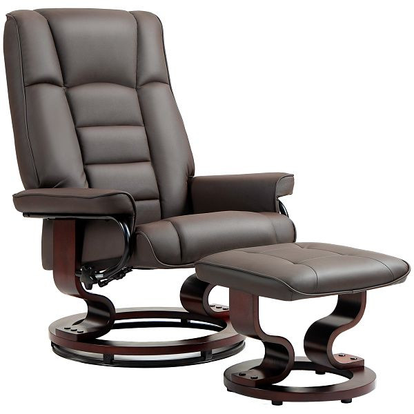 HOMCOM Relaxsessel mit Hocker, drehbar & neigbar, Kunstlederbezug, bis 150 kg, Holzgestell, Braun, 839-961V80BN